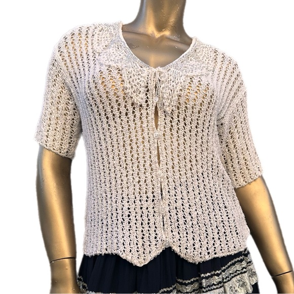 Vintage DKNY linen/nylon crochet & beaded ruffleOpen-Knit Cardigan Top size M - Picture 1 of 9